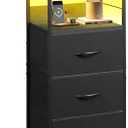 WLIVE LED Nightstand with Charging Station, Black Night Stand with 3 Fabric Drawers and Storage Shelf, Small Dresser for Small Space, 31.9" H Bedside Table with USB Ports and Outlets for Bedroom, Set Of 2