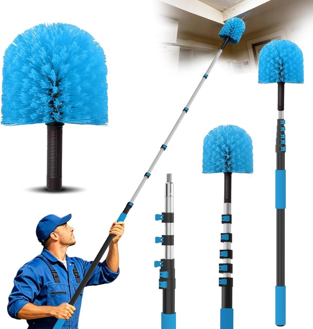 30FT Reach Cobweb Duster with Extension Pole - Spider Web Brush for Cleaning with 5-24FT 5-Section Flip-Lock Telescopic Pole, Effortlessly Cleans High Indoor & Outdoor Webs