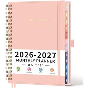 RETTACY 2026-2027 Monthly Planner, Jan 2026 - Dec 2027, Large Size (8.5" x 11"), Agenda, Calendar, 24 Month Tabs, Flexible Plastic Cover, 100 GSM Thick Paper, Spiral-bound (Pink)