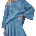 Tiko Miko Sweater Set 2 Piece Skirt Sets for Women Two Piece Outfits Casual Loose Knit Pullover Mini Skirt(0581-Blue-XL)