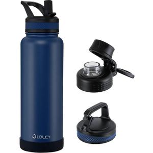 OLDLEY 40 oz Insulated Water Bottle With Straw, Stainless Steel Sports Water Cup Flask with 3 Lids(Straw, Spout and Handle Lid) Double Walled Travel Thermal Canteen Mug,Navy Blue