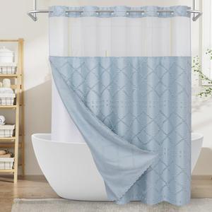 Craidlela Boho FogBlue Woven Fabric Shower Curtain 72 x 74 Modern Farmhouse, No Hooks Tufted Chevron Striped Shabby Chic Textured, Minimalist Cloth Curtain for Bathroom, Hotel Decor