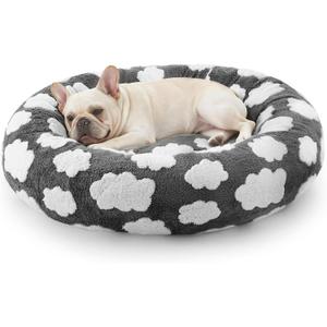 JOEJOY Donut Small Dog Bed, Round Cat Beds for Indoor Cats with Removable Washable Cover, Orthopedic Cute Puppy Kitten Pet Bed with Jacquard Shaggy Plush & Non Skid Bottom, Black (Grey)