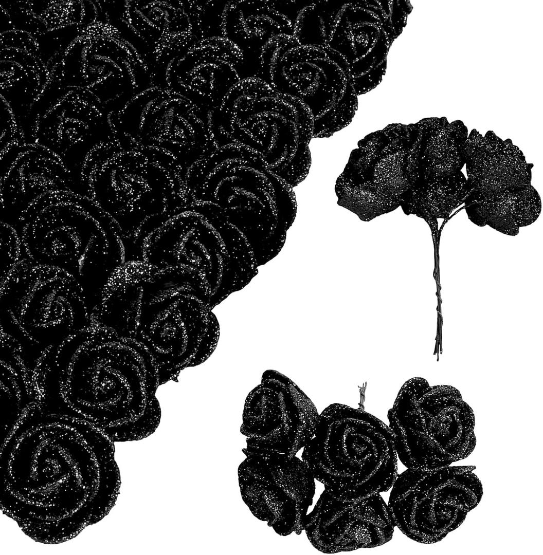 Black Glitter Roses Bouquet,72PCS Mini Foam Roses Artificial Roses with Stems for DIY Wedding Home Party Christmas Halloween Decoration(Black)