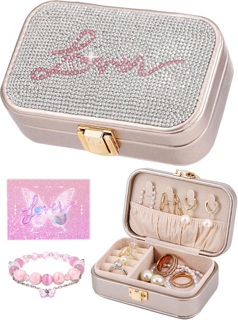 Small Travel Jewelry Box for Women - Trendy Birthday, Valentines, Christmas and Graduation Gifts for Girls, Teens, Kids, Besties, Lovers, Niece and Granddaughters-Champagne
