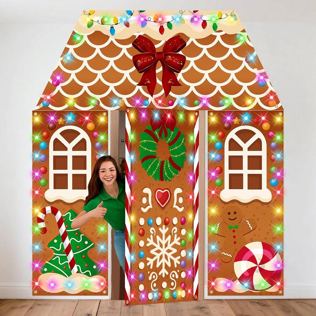 8 Pcs Christmas Gingerbread House Decorations with String Light Gingerbread Door Covers Backdrop Banners Christmas Candy Background Cloth for Holiday and Home Party Photography Photo Background Decor
