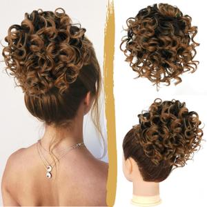 PEACOCO Messy Bun Short Curly Ponytail Extension Elastic Drawstring Loose Hair Bun Hair Pieces for Women High Temperature Synthetic Fiber Bun Extension 80g (Black Mix Brown Ombre)