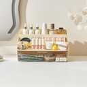 3-Tier Display Riser with Large Detachable Drawer, Plastic Storage Shelf, Perfume and Cologne Organizer Stand, Makeup Organizer for Vanity, Bathroom, Office, Cream White