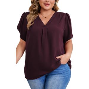 Women's Plus Size Casual Blouses Solid Business Work Tops Petal Short Sleeve V Neck Loose Fit T Shirt Summer Trendy 2026 Fuchsia