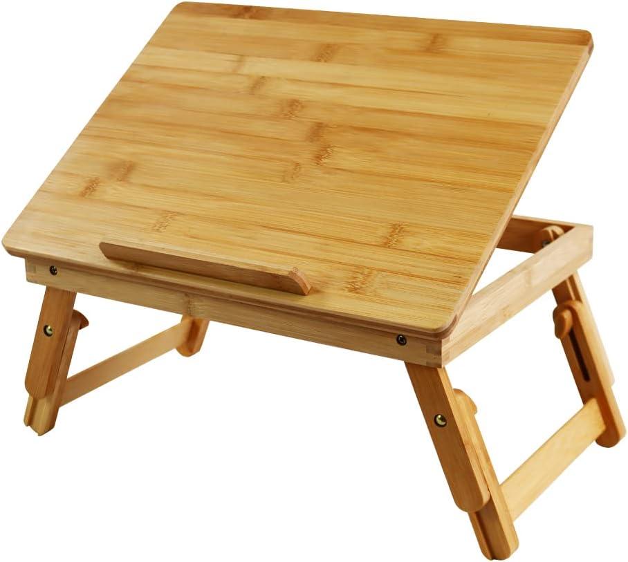 WKWKER Bamboo Laptop Desk with Folding Legs Tilting Surface Workstation Table Adjustable Laptop Stand Bed Tray for tv Sofa Study Computer Ipad Book (Natural)