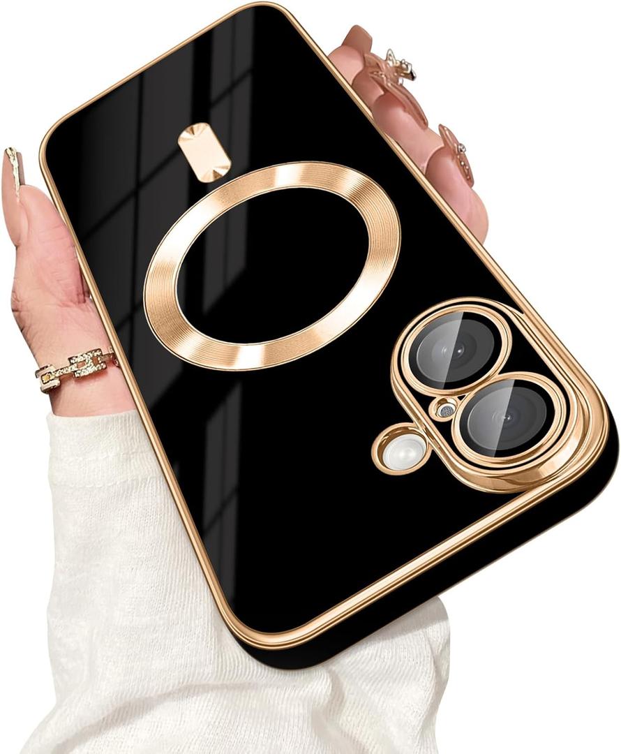Dinick Designed for iPhone 17 Case with Magnetic [Built-in Camera Cover] Compatible with MagSafe Soft TPU Glitter Cover Anti-Scratch Protective Slim for iPhone 17 Case Black and Gold