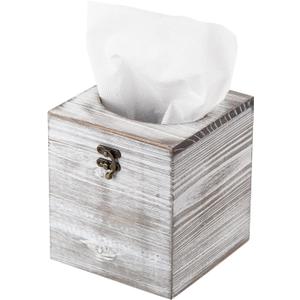Distressed Farmhouse Square Solid Wood Tissue Box Cover with Slide-Out Bottom Panel Honey Brown Tissue Box Holder for Bathroom Living Room Dining Room Bedroom Toilet (Grey White)