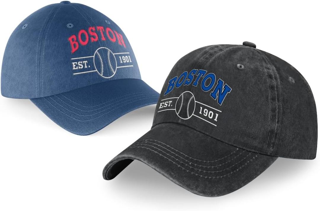 Embroidered City Vintage Classic 2-Pack Washed Denim and Color Snapback Caps for Men Women, Adjustable Fans Baseball Cap (Boston)
