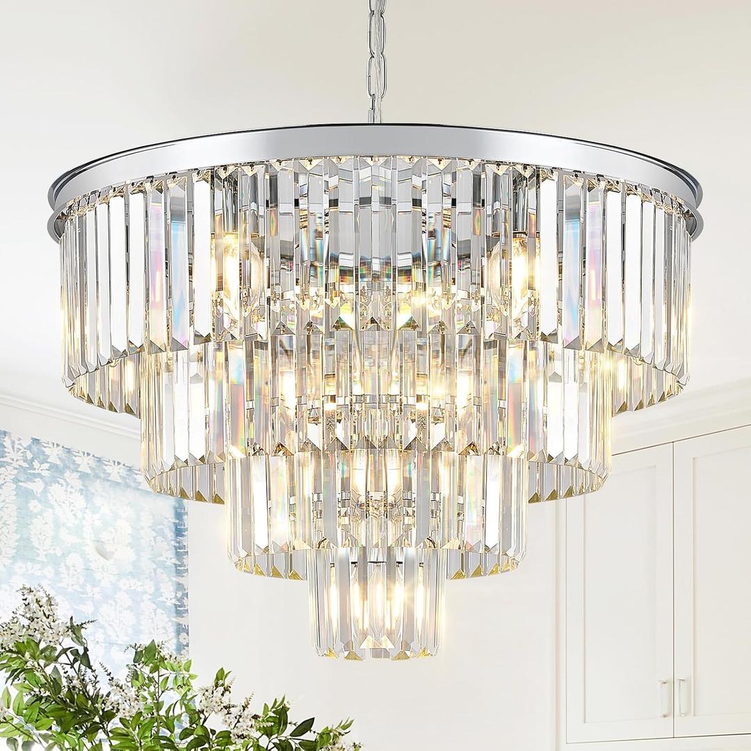 Modern Chrome Crystal Chandeliers 24 Luxury Chandeliers 4-Tier 12 Lights K9 Crystal Round Ceiling Pendant Light Fixture Contemporary for Living Dining Room Foyer Staircase Bedroom