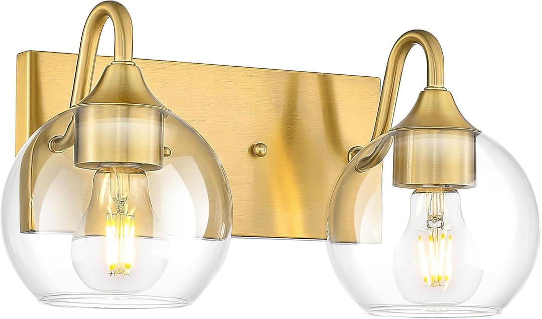 Emak Modern Brushed Gold Bathroom Light Fixtures, 2-Light Bathroom Vanity Light with Clear Glass Shade, Globe Vanity Lights for Bath, Mirror, Makeup Desk, VL118-BGD-CG-2