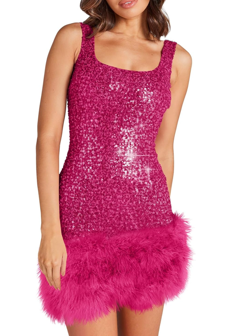 Wenrine Womens Sparkly Sequin Dress Bodycon Square Neck Fur Club Party Mini Dresses XL
