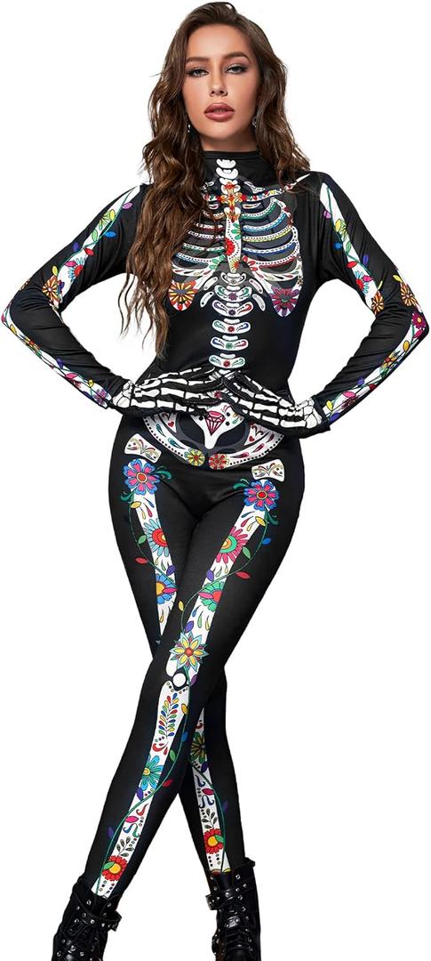Joy Bang 3D Skeleton Costume Women, Halloween Sexy Skull Onesie Bodysuit with Gloves, Dia de los Muertos Jumpsuit (Black, XL)