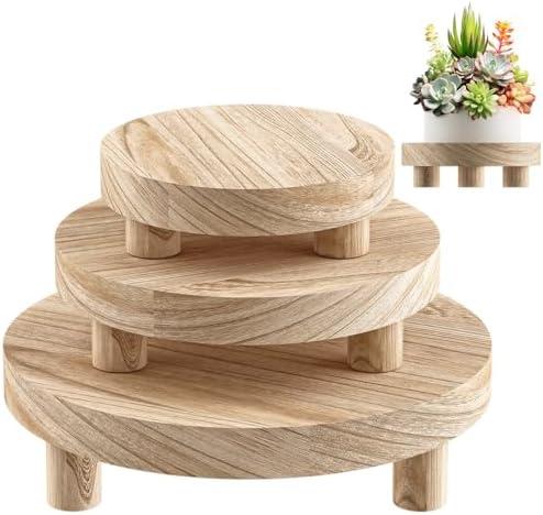 3 Pcs Wood Plant Stand Indoor Outdoor, Round Wood Riser for Decor 6/8/10" Wooden Stool Display Stand Flower Pot Holder Small Planter Tray Modern Potter Decorative for Desktop Counter Room (Natural)