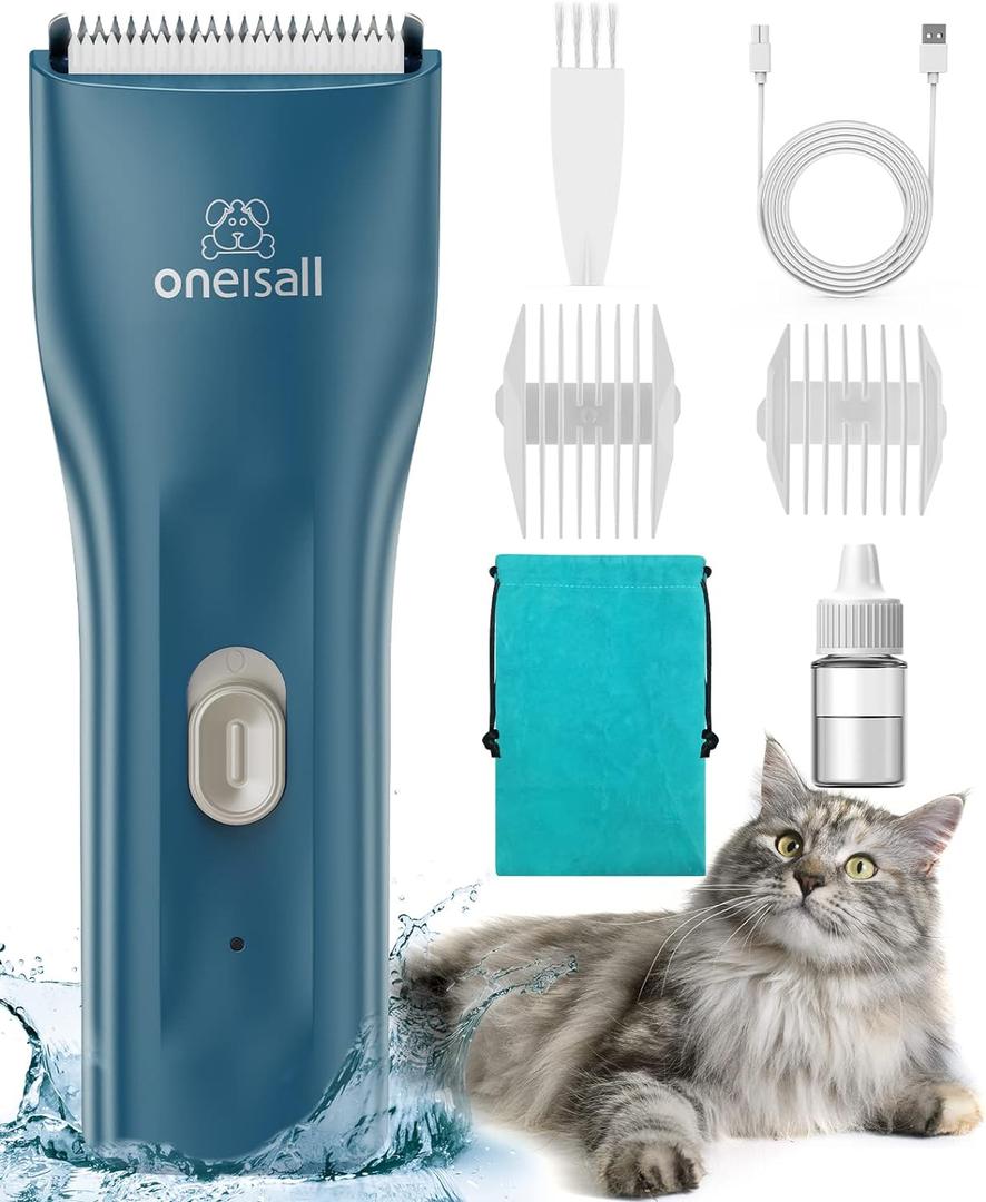 oneisall Pet Clipper for Cat Matted Hair, Pet Shaver for Cats Quiet Pet Clippers Waterproof Cordless Cat Clippers for Matted Hair Long Hair with Storage Bag (Green) (Standard)