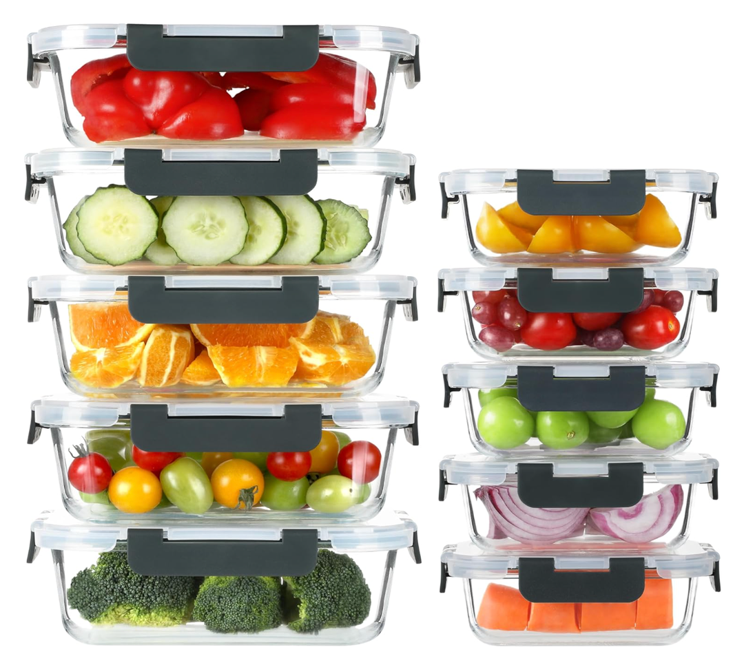 BAYZZ 10 Pack Glass Meal Prep Containers, Glass Food Storage Containers with Lids, Airtight Lunch Box, Freezer,Oven,Microwave and Dishwasher Safe