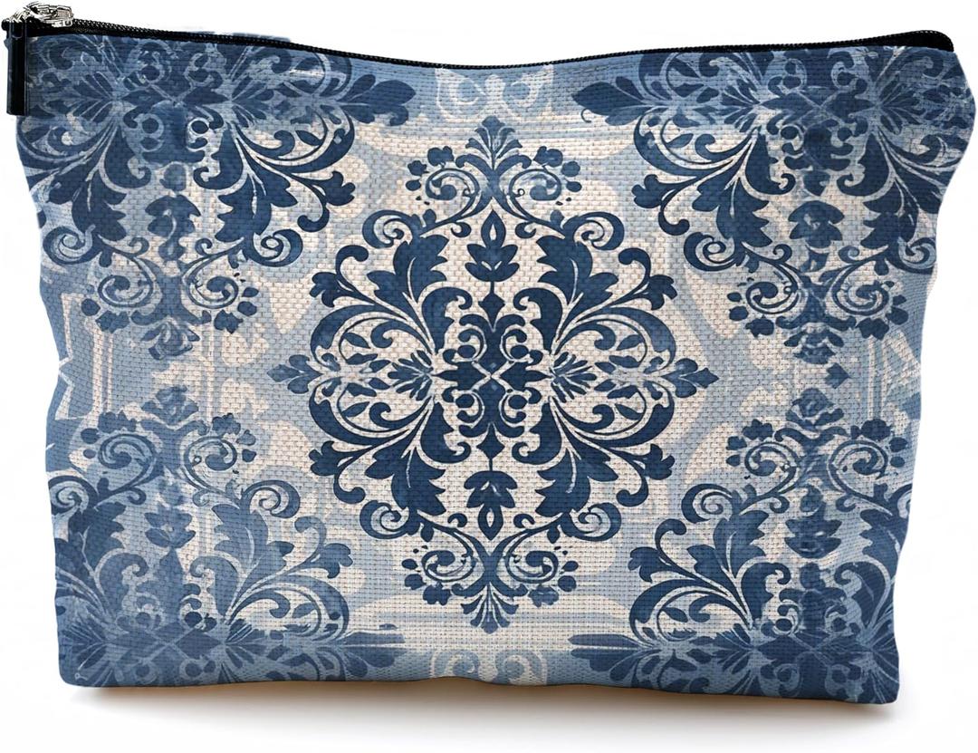 Chinoiserie Vintage Floral Makeup Bag, Blue and White Cosmetic Bags for Women, Classical Baroque Rococo Tiles Floral Zipper Makeup Pouch