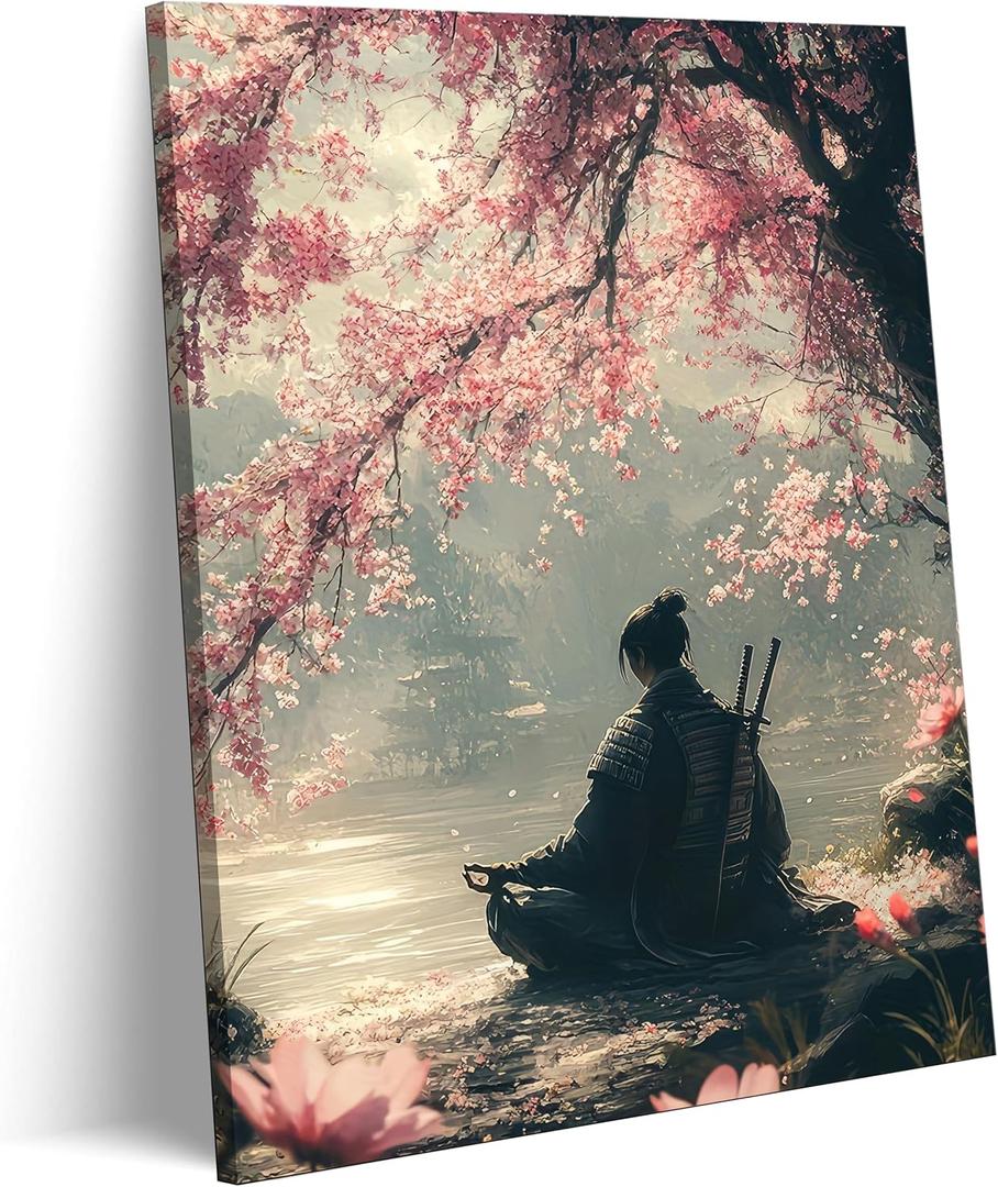Japanese Sakura Samurai Canvas Wall Art Traditional Bushido Wall Decor Picture Asian Japanese style Cherry Blossoms Warrior Poster Print for Living Room Bedroom 16x24in Ready To Hang