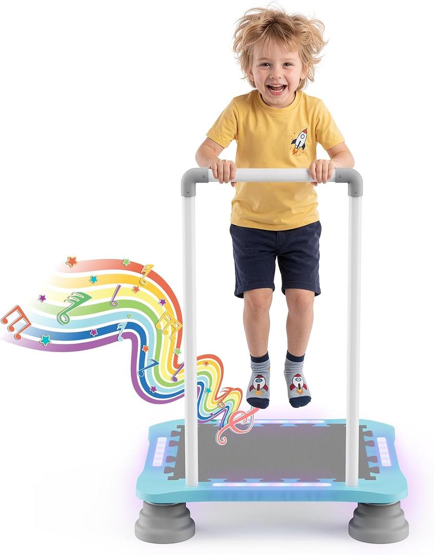 25" Toddler Trampoline with LED Lights & Music, Indoor Mini Kids Trampoline with Handlebar, Non-Slip Sensory Balance Training Bounce Board for Boy Girl Ages 3+, Safety Pad & 220 LBS Max Load