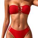Tainehs Women's Two Piece Strapless Bikini Sets Bandeau Cutout Swimsuit High Cut Bathing Suits, Red Medium