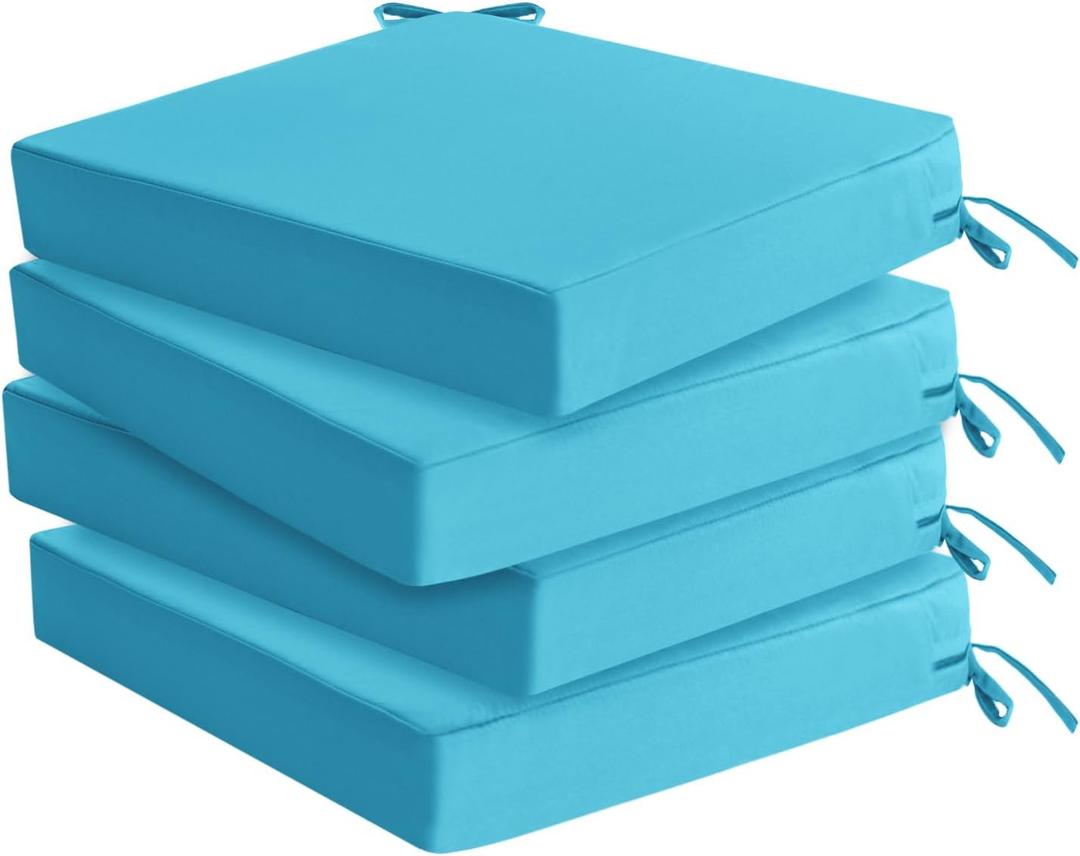 Outdoor Chair Cushions Set of 4: Waterproof & Color Fastness Seat Cushion for Patio Furniture - 22 x 22 x 3 Inch Chair Pads with Ties and Hidden Zipper - Patio Chair Cushion Replacement, Teal