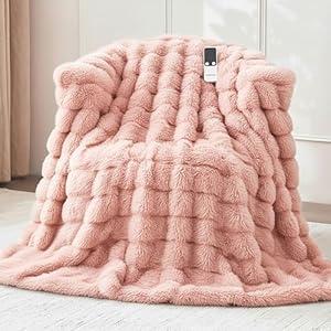 Heated Blanket Twin 62''x 84'', Fast Heating Electric Blanket UltraSoft Faux Rabbit Fur with 5 Heat Levels & 5H Auto ShutOff, Overheat Protection, Machine Washable