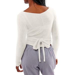 Women Wool Tie Front Tops Crop Top Solid Long Sleeve Solid V Neck Lightweight Crochet Cardigan Crop (Small, White)