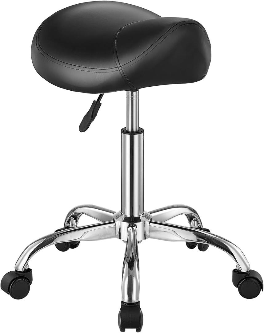 VEVOR Saddle Stool with Wheels, 450 LBS Weight Capacity Ergonomic Rolling Stool, Height Adjustable Thickened PU Leather Swivel Saddle Chair for Salon, Spa, Massage, Tattoo, Clinic, Black, 14.8 X 14.1 X 21.7-28.0 Inches