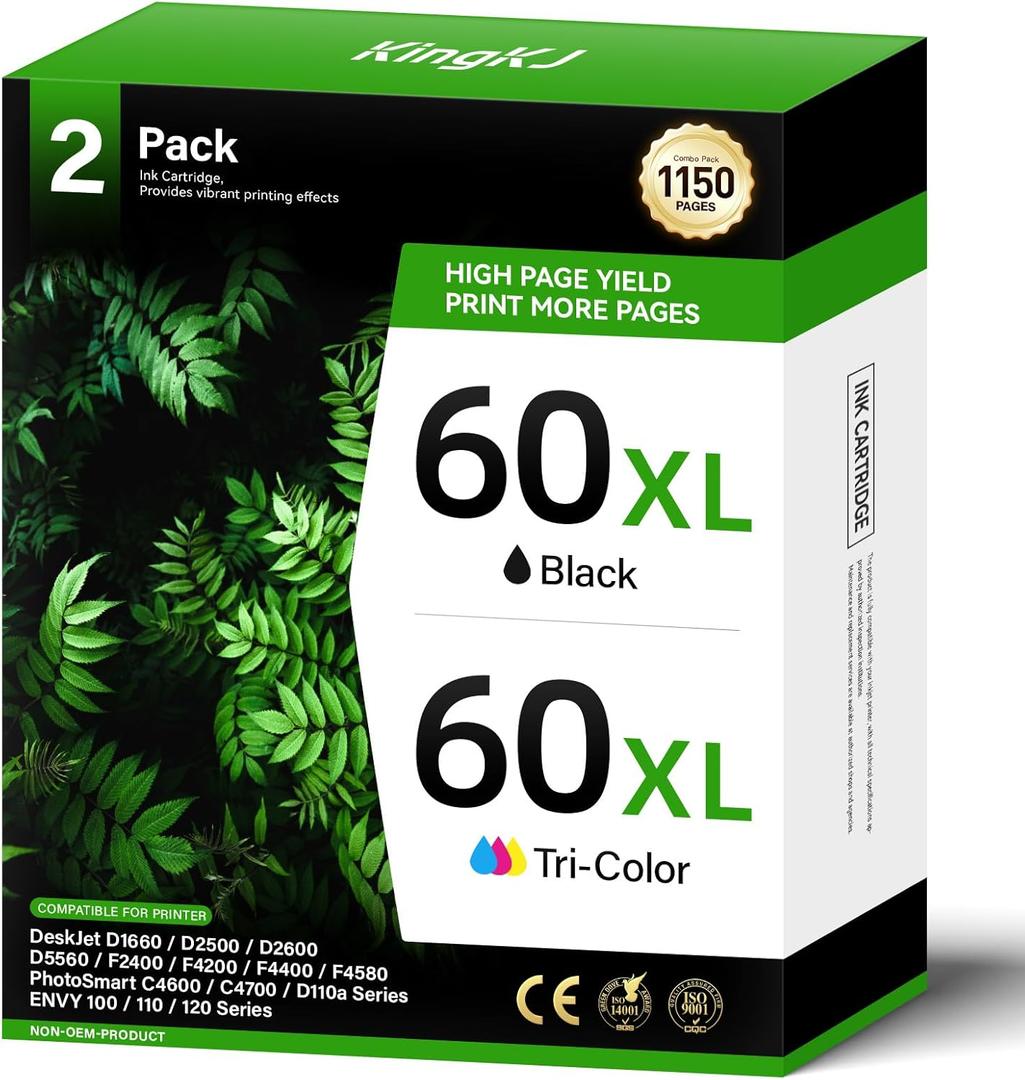 60XL Ink Cartridge Combo Pack Replacement for HP60XL 60 DeskJet F4480 D2530 F4280 D2680 F2440 F4400 F4580 ENVY 110 120 111 114 PhotoSmart C4780 C4680 C4795 C4640 C4650 D110a Printer Inkjet Black Color