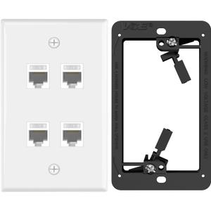 VCE UL Listed 4-Port Ethernet Wall Plate with Low Voltage Mounting Bracket, RJ45 CAT6 Wall Plate with Single Gang Bracket, White