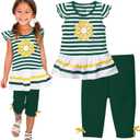 LUKYCILD Baby Girls Summer Clothes Casual Clothing Suit Short Sleeve Striped T-Shirt +Pants (Green)