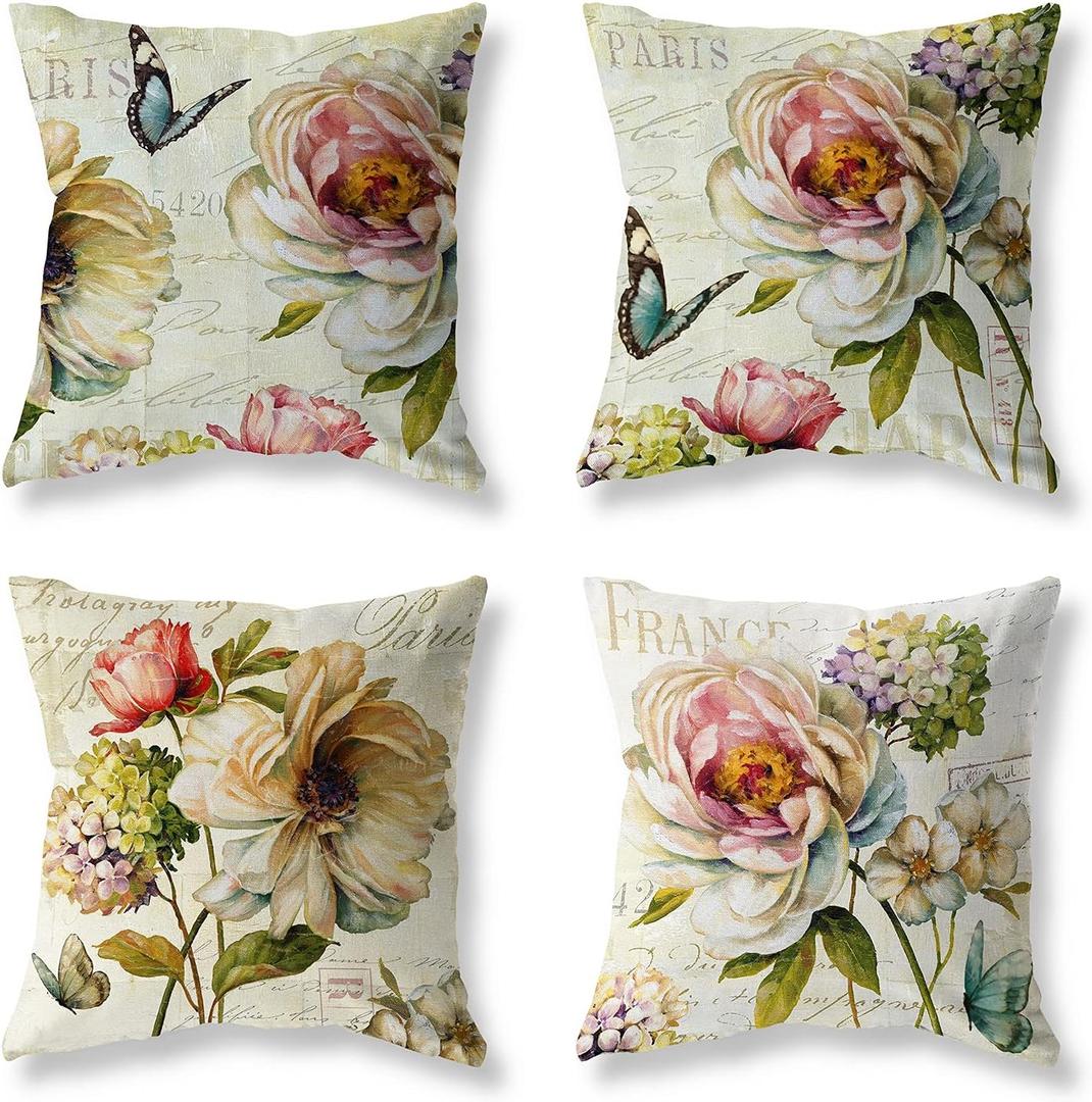 Farmhouse Decorative Throw Pillow Covers Vintage Flower Pillows Cover 18x18 Inch Set of 4 Cotton Linen Floral Outdoor Cushion Case Pillow Cases for Sofa Couch Living Room Bed Indoors Home Decor (A Vintage Yellow Flower 4pc)