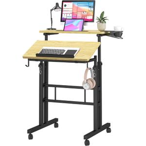 Klvied Stand Up Desk on Wheels, Portable Computer Desk for Home Office,Rolling Desk for Laptop with Removable Cup Holder, Adjustable Laptop Cart for Standing or Sitting,Natural