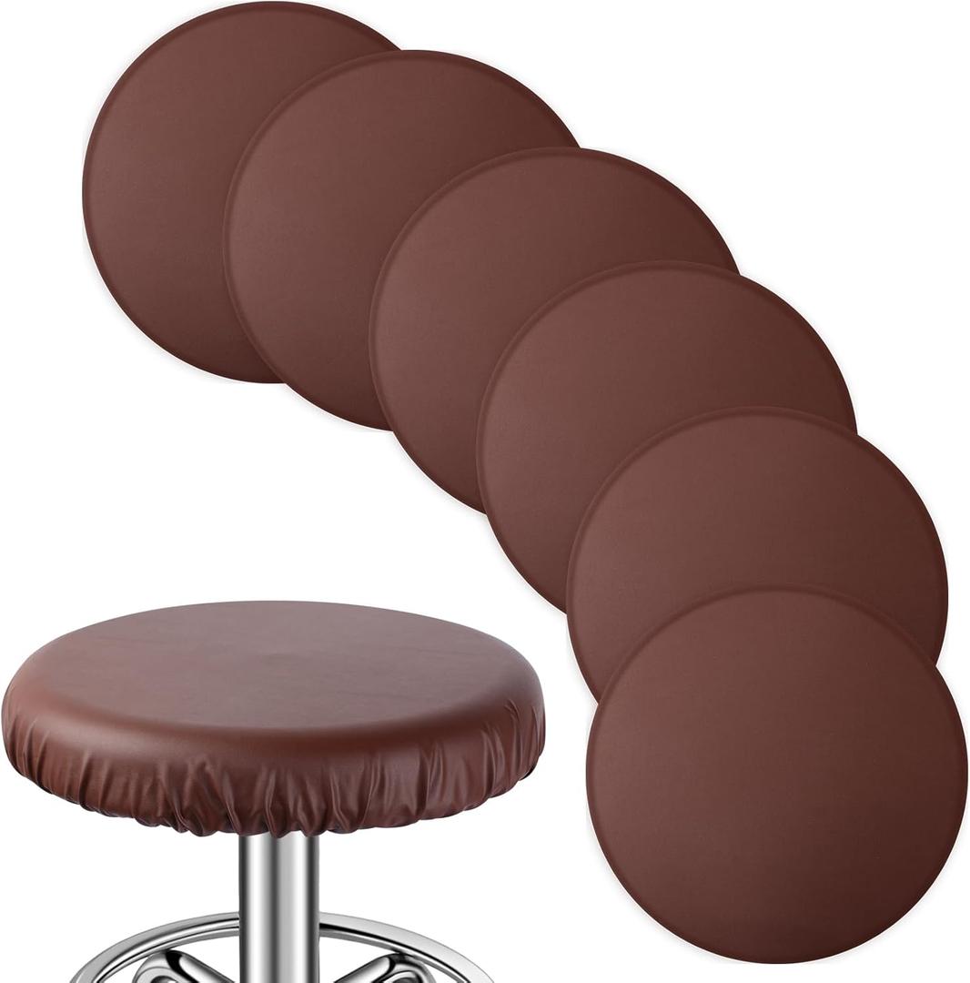 Newwiee 6 Pcs Leather Round Bar Stool Seat Covers, Waterproof PU Stretch Round Barstool Seat Covers Cushion with Elastic Bands for Bar Swivel Chair, 13 to 17 Inches(Brown)