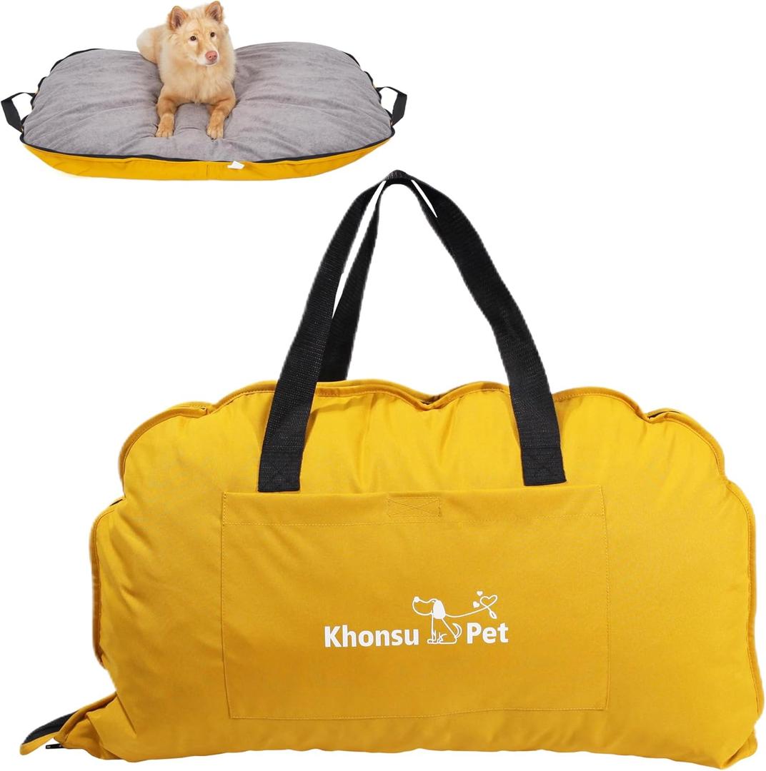 Portable Waterproof Dog Mat for Camping, Patio & Travel - Foldable Outdoor Dog Bed with Teflon Shell & Removable Plush Pad - Easy Clean, Durable - M (Lemon Yellow)