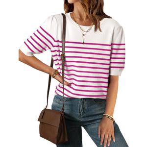 ZESICA Women's Casual Striped Tops Short Sleeve Crew Neck Ribbed Knit T Shirts Comfy Loose Basic Pullover Sweater, Rose Red, Medium
