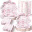 Newtay 250 Pcs Pink Bow Paper Plates and Napkins Coquette Valentine's Day Party Supplies Disposable Tableware Set for 50 Guests Pink Bow Paper Plates Napkins Cups for Baby Shower Birthday Decoration