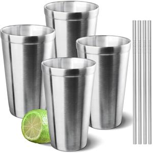LINALL Stainless Steel Cups,18oz Shatterproof Cup Double Wall Drinking Tumblers Metal Drinking Glasses for Bar, Home, Restaurant Set of 4 (Double Wall)