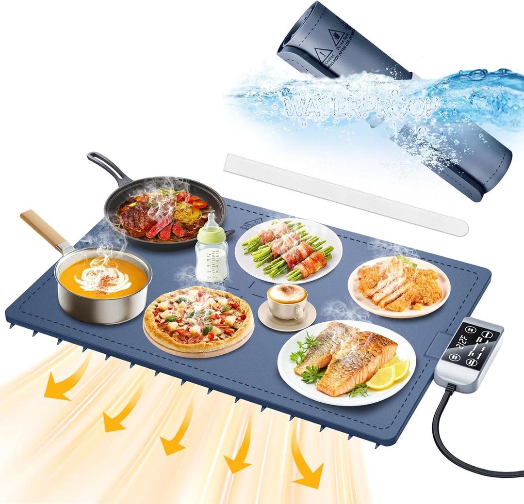 Waterproof Electric Food Warming Mat, Food Grade Silicone Warming Tray with 17 Temp Setting and 6 Hours Timer, Full Surface Warming Mat for Food, Roll Up Food Warmer Mat for Parties (Navy Blue)