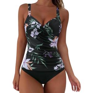 SUUKSESS Women Sexy Twist Push Up Tankini Swimsuit Tummy Control Bathing Suits (Large, 72 Tropical Floral Black)