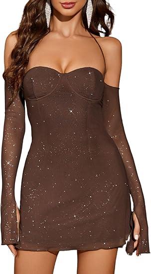 Parthea Women’s Sexy Dress Sequin Sparkly Glitter Dress Off Shoulder Long Sleeve Party Club Going Out Mini Dresses L