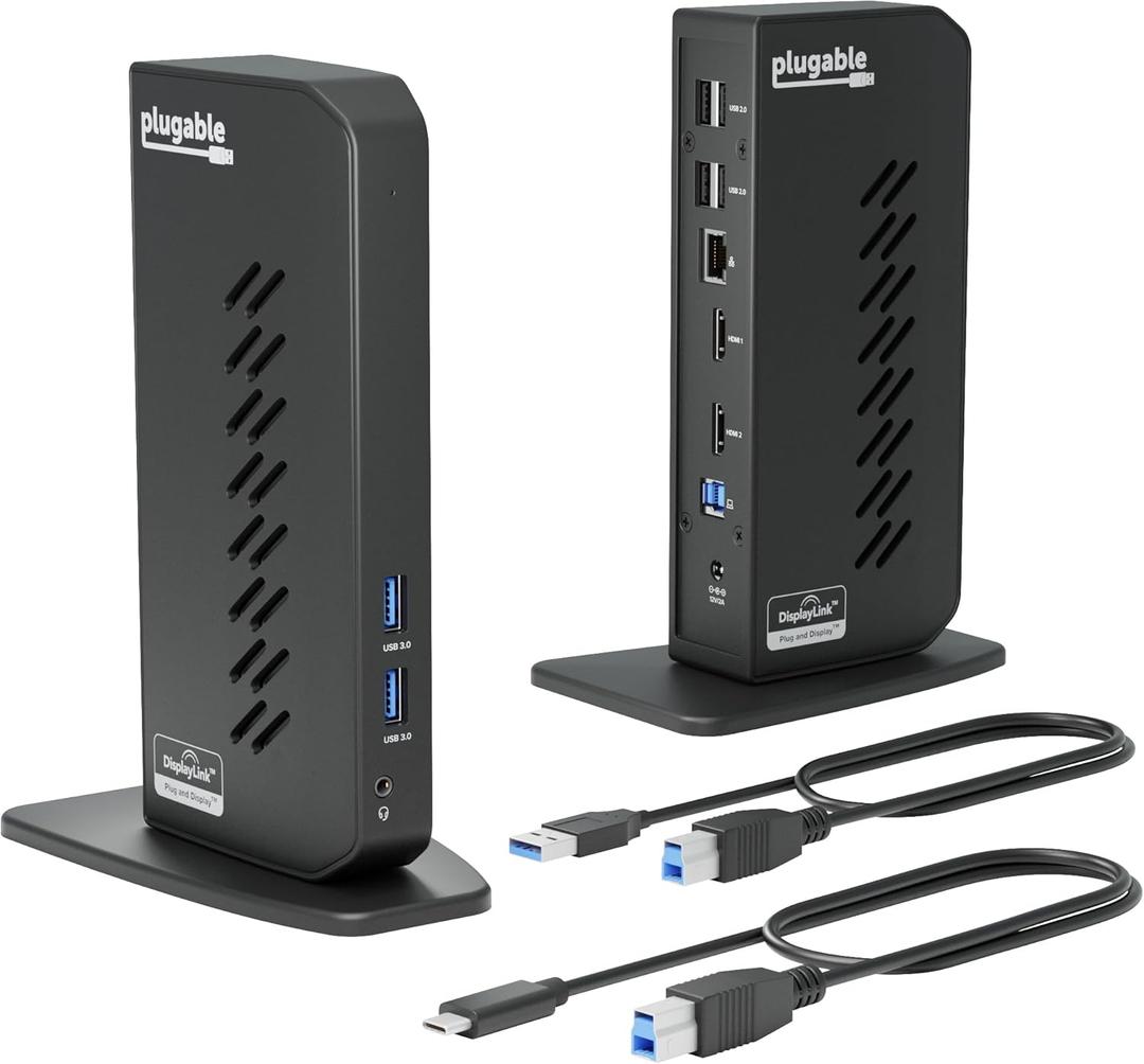 Plugable USB 3.0 and USB-C Universal Laptop Docking Station with 2 HDMI Ports for Windows, Mac, and ChromeOS (Gigabit Ethernet, Audio)