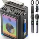 Metfut Professional Karaoke Machine for Adults with Bluetooth 5.3, 2 Wireless Mics, Portable Wooden Speaker PA System with Bass/Treble Adjustment for Backyard, Home Parties and Camping-Blue