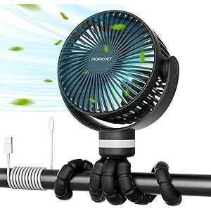 Momcozy 8000mAh Portable Stroller Fan, 27H Ultra-long Battery Life Detachable 4 Speed 360°Rotate LED Night Light with 2 Modes, USB Rechargeable Handheld Cooling Fan for Travel/Car Seat/Bedroom, Black