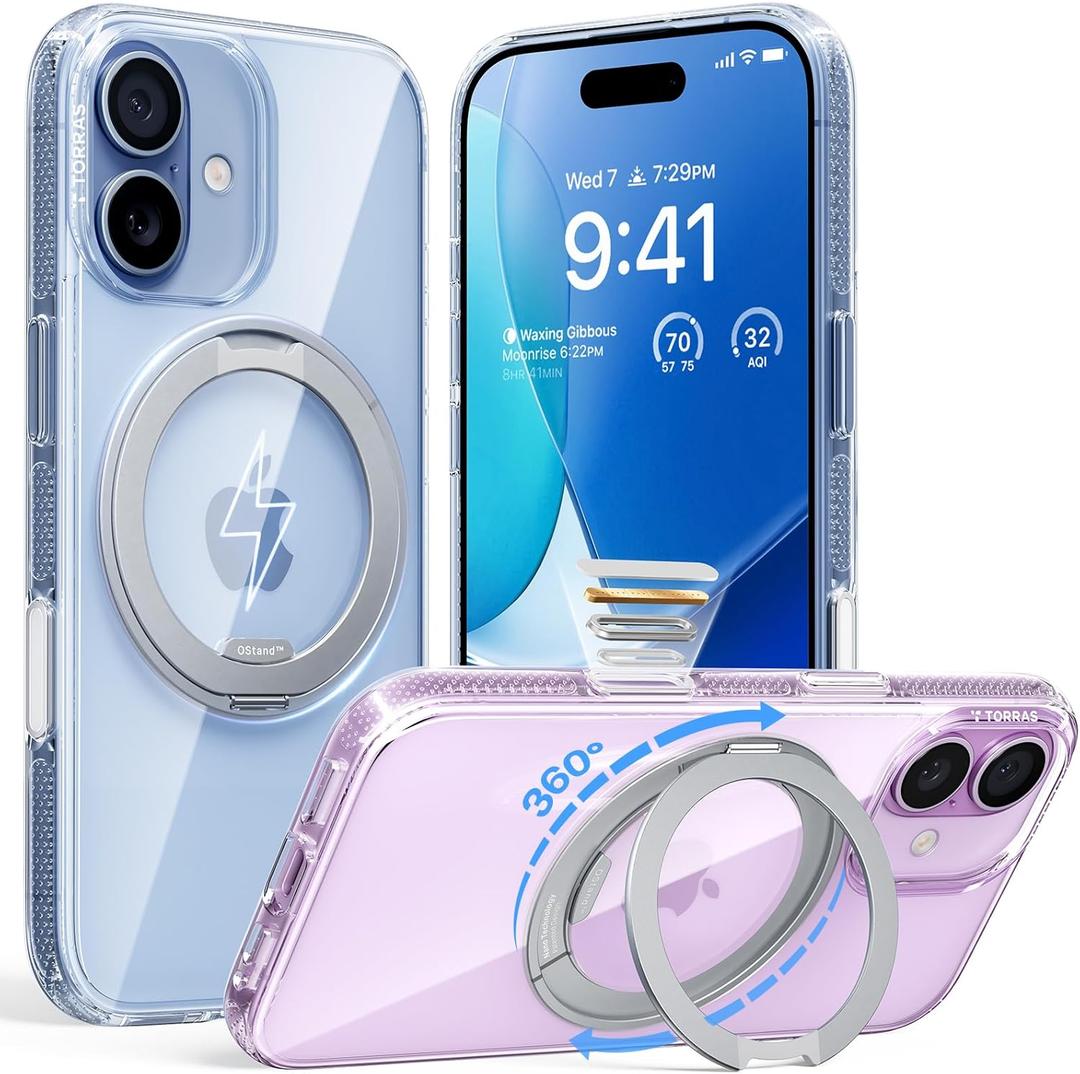 TORRAS 360 Magnetic Stand for iPhone 17 Case, [Rotatable Sturdy Kickstand][Fit for MagSafe][4X Mil-Grade Shockproof] Slim Transparent Phone Cover, Camera Button, Crystal Clear, Ostand O3 Fitness