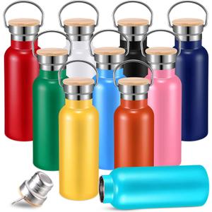 Mimorou 10 Pcs Stainless Steel Sports Water Bottles Bulk 17oz Double Wall Insulated Bottle with Handle and Wooden Leakproof Lid Metal Water Bottle Outdoor for Cyclist Runner Hiker DIY Gift, 10 Colors